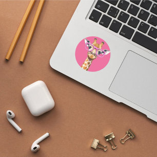 Rond Sticker Giraffe avec lunettes roses