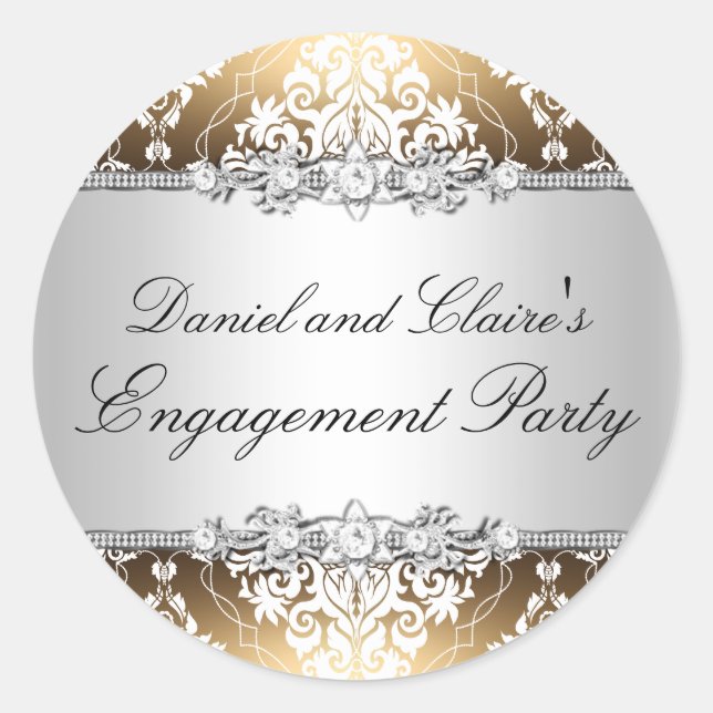 Rond Sticker Gold Elegant Damask Engagement Party (Devant)