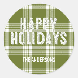 Rond Sticker Green Plaid Christmas Happy Holidays