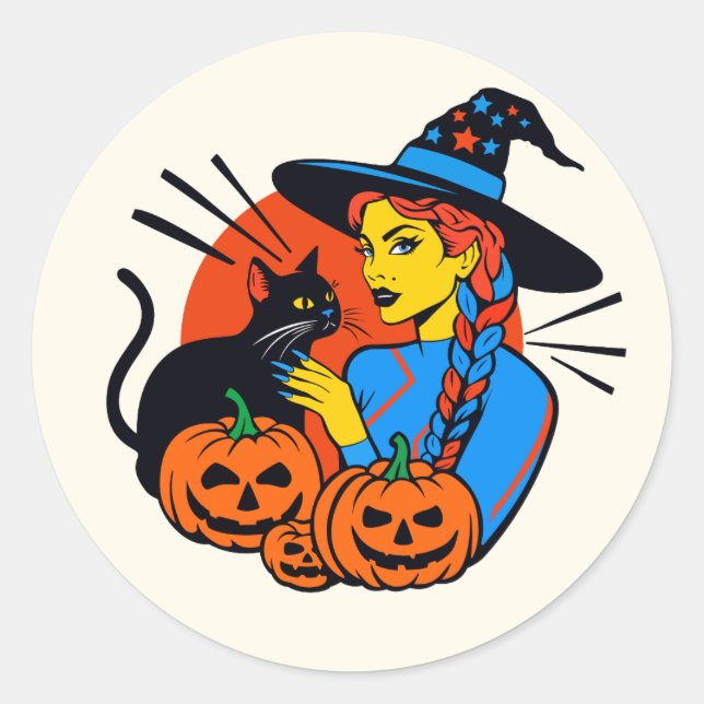 Rond Sticker Halloween sorcière avec un chat (Devant)