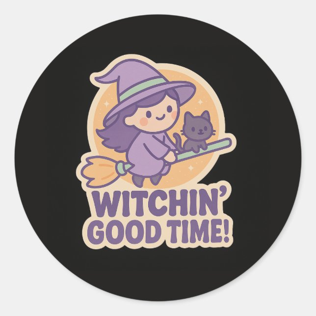 Rond Sticker Halloween sorcière mignonne pour les enfan (Devant)