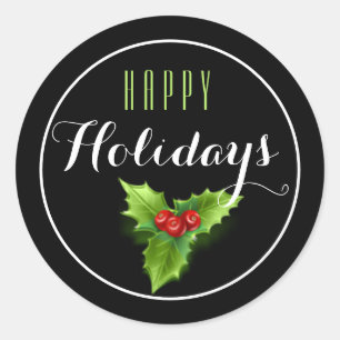 Rond Sticker Holiday Holly & Berries