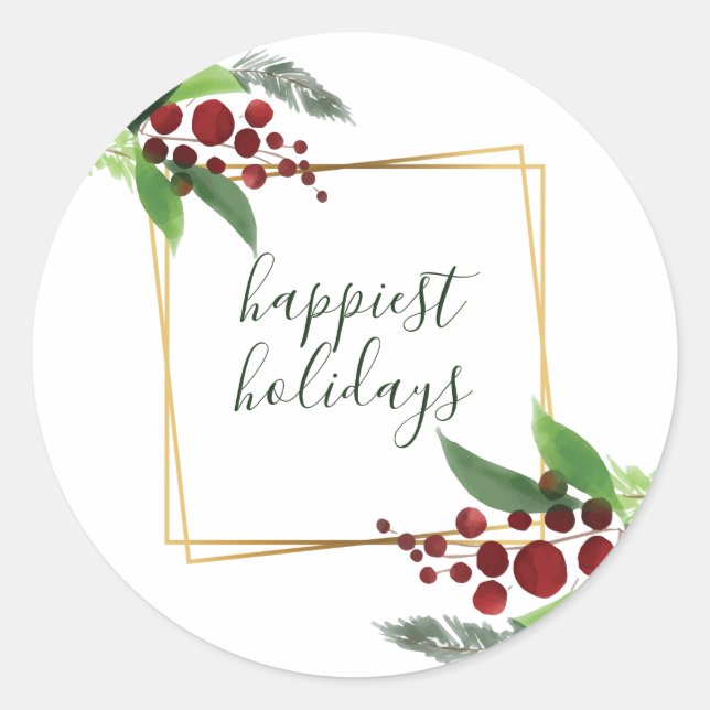 Rond Sticker Holly Branches Happest Holidays (Devant)