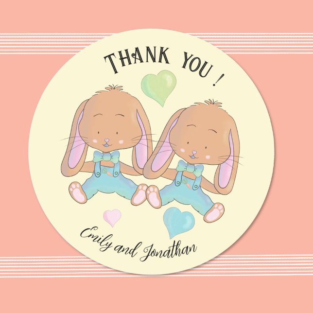 Rond Sticker Jaune Merci de printemps Twin Bunnies (Watercolor twin bunnies spring baby shower thank you sticker .
)