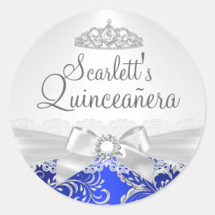 Rond Sticker Joli Tiara & Bow Blue Quinceanera