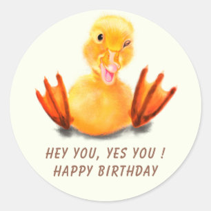 Rond Sticker Joyeux Anniversaire avec Canard Jouant - D