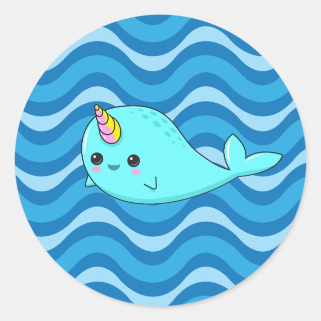Rond Sticker Kawaii Narwhal Blue Waves (Devant)
