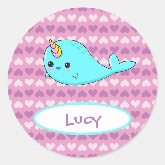 Rond Sticker Kawaii Narwhal Purple Heart Name (Devant)