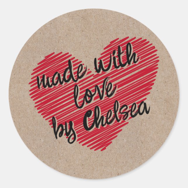 Rond Sticker Kraft Red Sketchy Heart "Fabriqué avec amo (Devant)