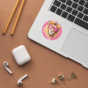 Rond Sticker Lion avec lunettes roses