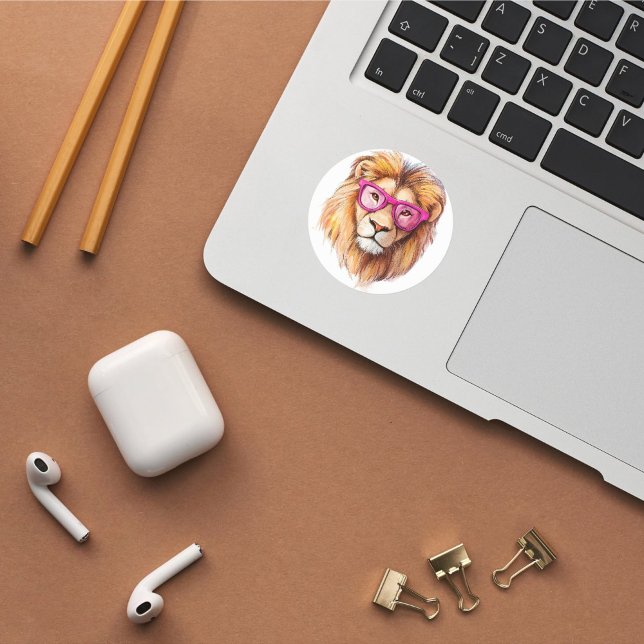 Rond Sticker Lion avec lunettes roses (Créateur téléchargé)
