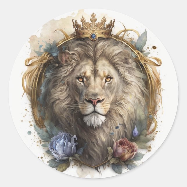 Rond Sticker Lion majestueux en Regal Watercolor (Devant)