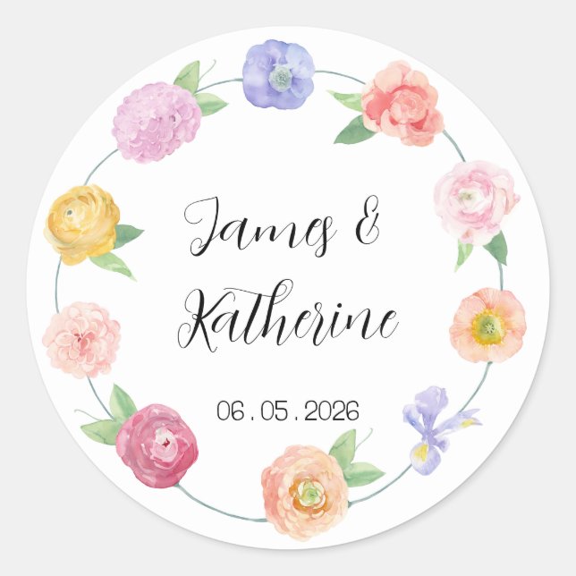 Rond Sticker Mariage à aquarelle de printemps (Devant)