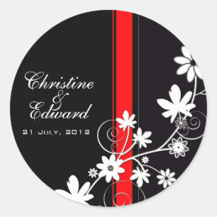 Rond Sticker Mariage à fleurs noir et rouge