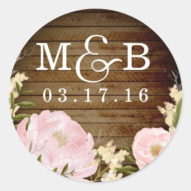 Rond Sticker Mariage à look de bois floral (Devant)