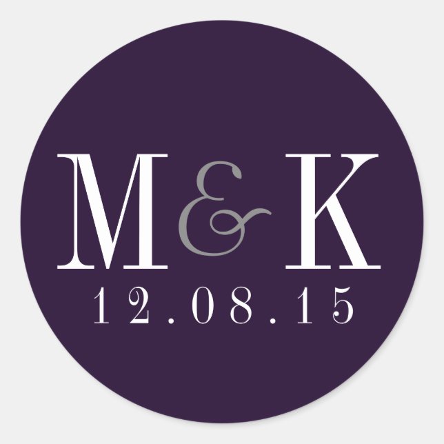 Rond Sticker Mariage à monogramme violet à prune élégan (Devant)