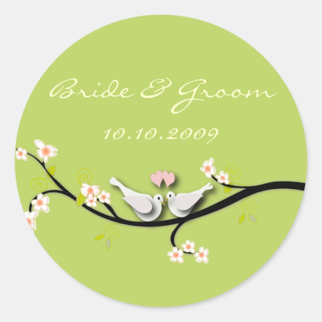 Rond Sticker mariage amour colombes + fleurs branche (Devant)