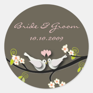 Rond Sticker mariage amour colombes + fleurs branche