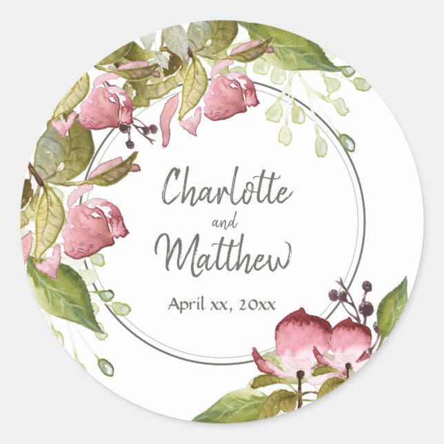 Rond Sticker mariage Aquarelle Roses Rose doux (Devant)