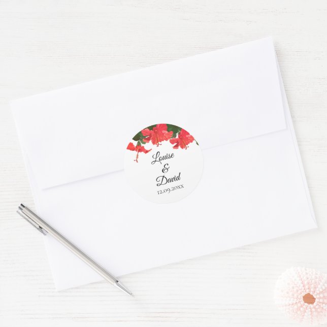 Rond Sticker mariage avec Hibiscus rouge vif (Enveloppe)