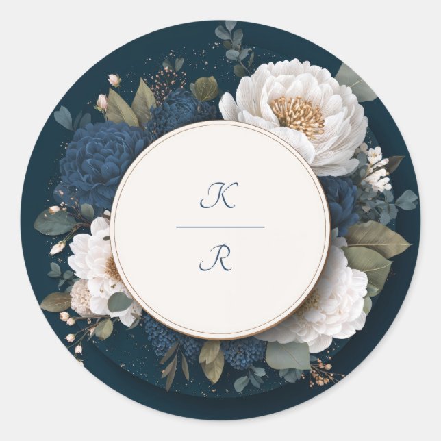 Rond Sticker Mariage bleu Peony de minuit (Devant)