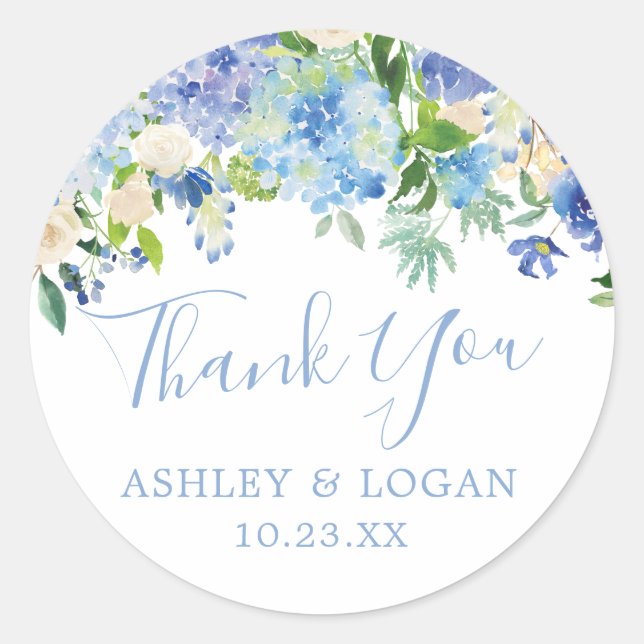 Rond Sticker Mariage Blue Hydrangeas Merci Favor (Devant)