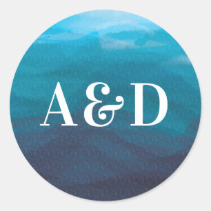 Rond Sticker Mariage Blue Ocean Waves Watercolor