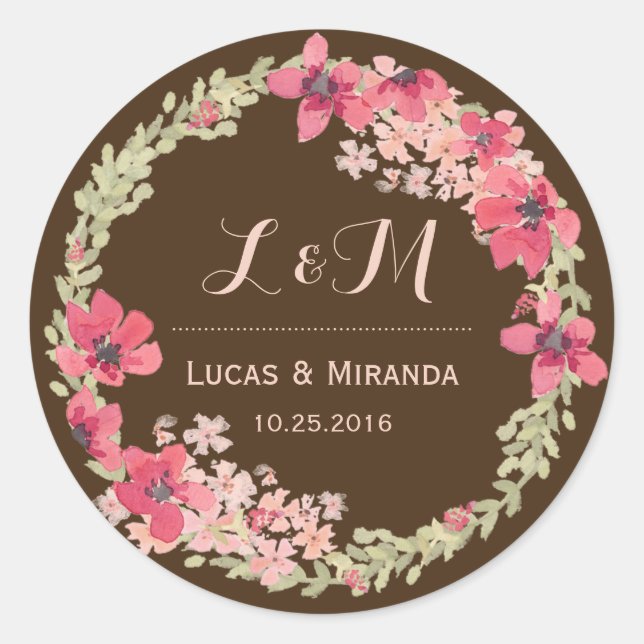 Rond Sticker Mariage Brown rose rose rustique (Devant)