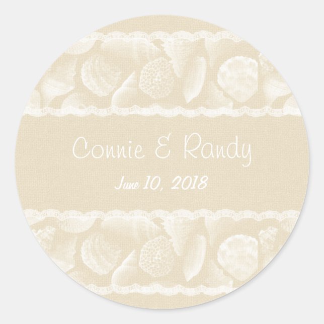 Rond Sticker Mariage Burlap Lace et Sea Shell (Devant)