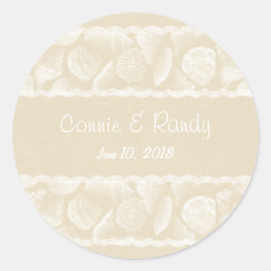 Rond Sticker Mariage Burlap Lace et Sea Shell