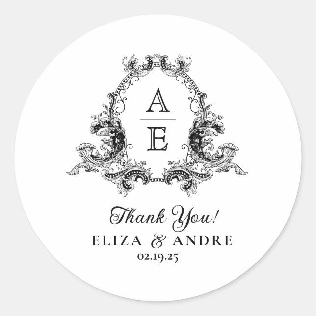 Rond Sticker Mariage Chic Black White Custom Monogram (Devant)