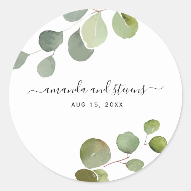 Rond Sticker Mariage chic moderne Script Eucalyptus (Devant)