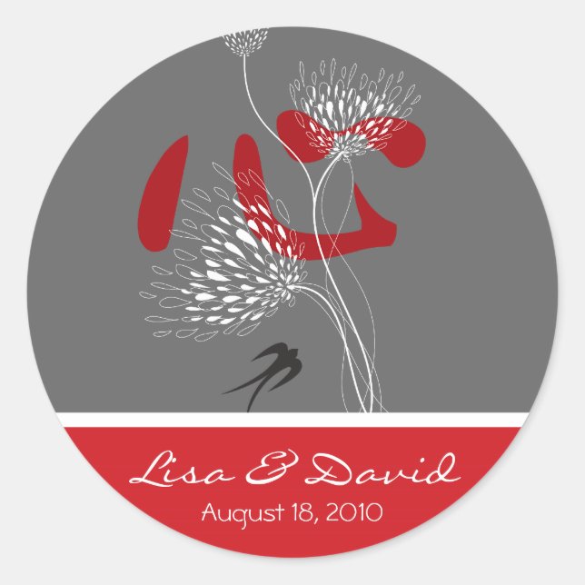 Rond Sticker Mariage chinois Ai Love Coeur Rouge (Devant)