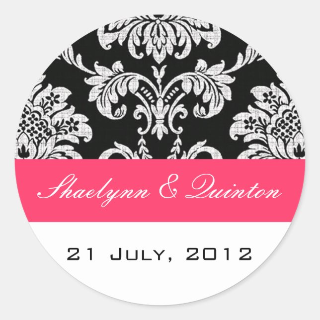 Rond Sticker Mariage damassé Black et Fuchsia (Devant)