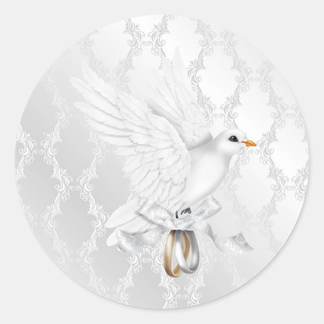Rond Sticker Mariage damassé en argent avec colombe (Devant)