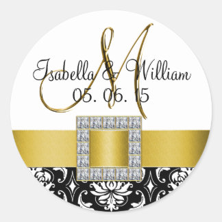 Rond Sticker Mariage damassé Jaune