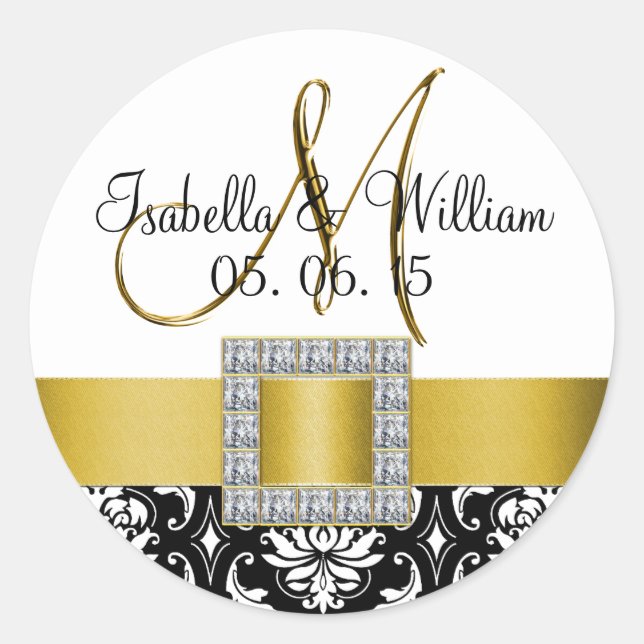 Rond Sticker Mariage damassé Jaune (Devant)