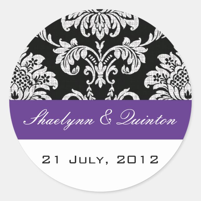 Rond Sticker Mariage damassé noir et violet (Devant)
