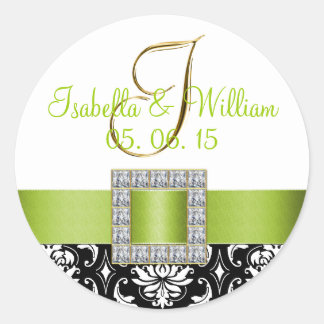 Rond Sticker Mariage damassé noir vert | Initiale