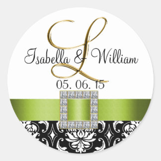 Rond Sticker Mariage damassé noir vert | L initial