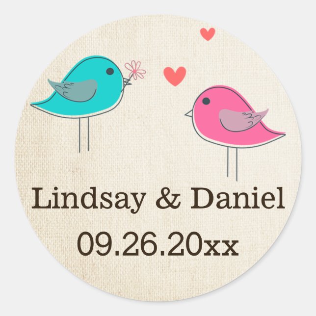 Rond Sticker Mariage de 1,5 po Whimsical Birds in Love  (Devant)