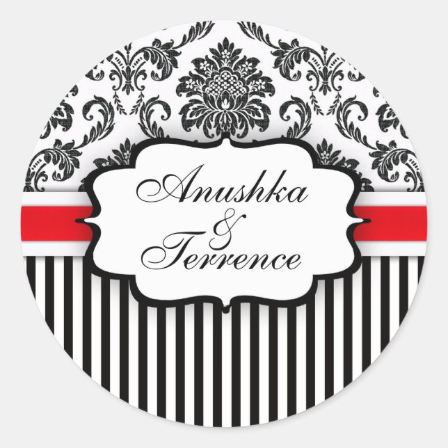 Rond Sticker Mariage de bande Damask noir et rouge (Devant)