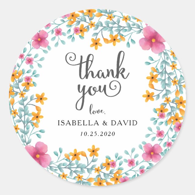 Rond Sticker Mariage de bordure florale Aquarelle (Devant)