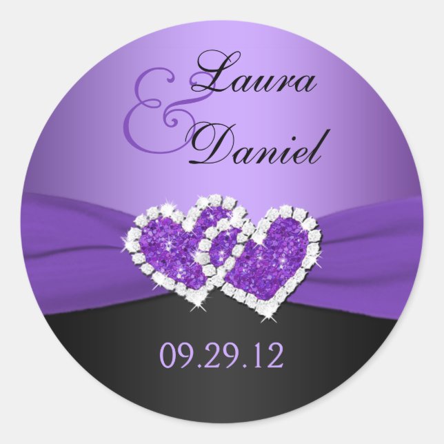 Rond Sticker Mariage de Coeurs Joints Violet et Noir (Devant)
