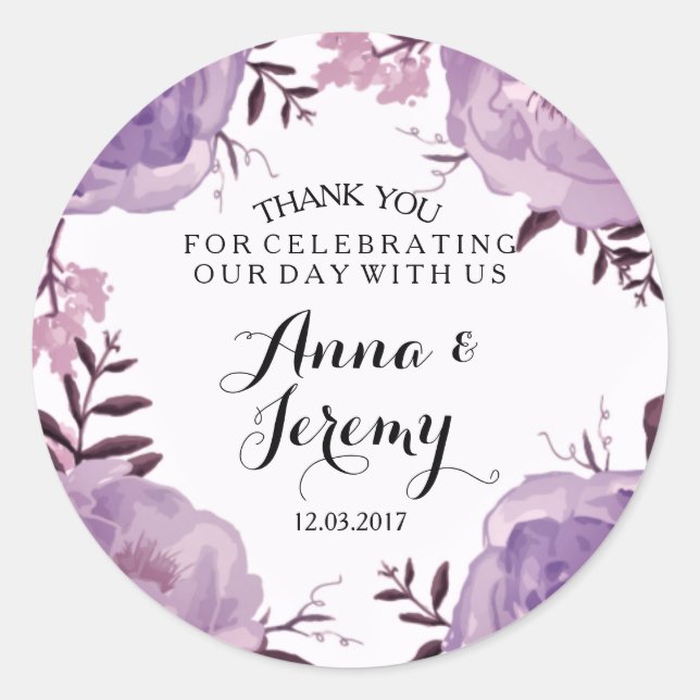 Rond Sticker Mariage de couronnes florales violettes (Devant)