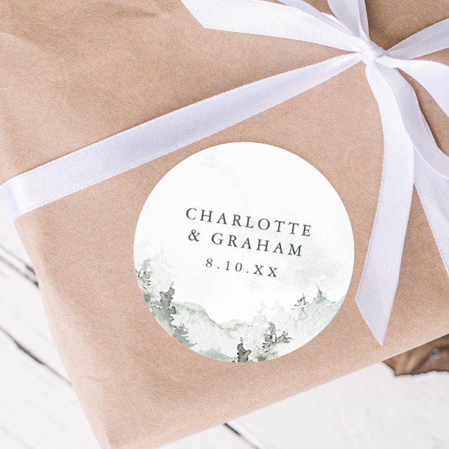 Rond Sticker Mariage de forêt aquarelle (Green and White Simple Minimalist Watercolor Forest Wedding Sticker
)