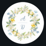 Rond Sticker Mariage de la Dolce Vita Lemon Floral Wrea<br><div class="desc">Ajoutez une touche de finition charmante à vos sacs cadeaux, faveurs ou papeterie mariages avec ce Sticker Mariage de courge Florale La Dolce Vita Lemon. Doté d'une couronne de citron et de fleur sauvage bleu peinte à la main et d'une touche méditerranéenne, cet élégant autocollant rond est parfait pour sceller...</div>