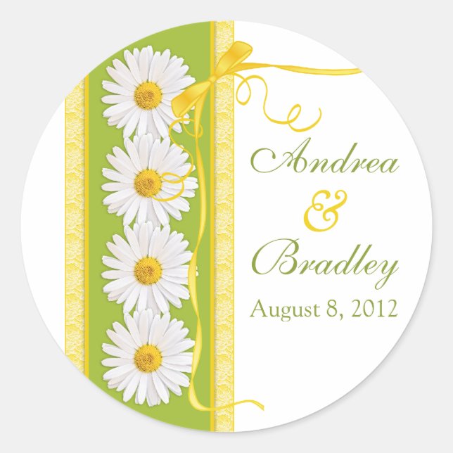 Rond Sticker Mariage de la marguerite jaune vert (Devant)
