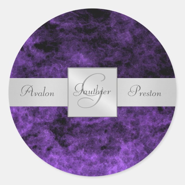 Rond Sticker Mariage de Monogramme à brumes violettes (Devant)