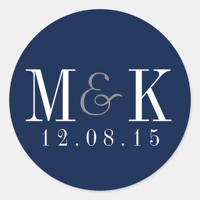 Rond Sticker Mariage de Monogramme bleu marine élégant (Devant)